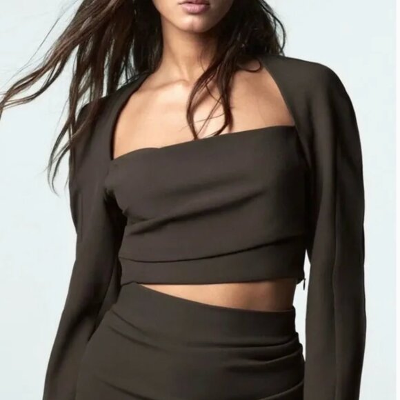 Zara Dark Brown Long Sleeve Crop Top - Picture 1 of 8